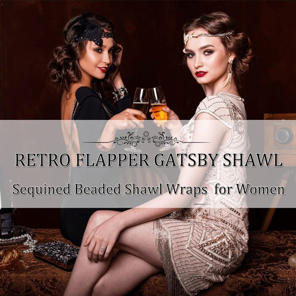 1920s Women’s Shawl Wraps Sequin Beaded Bridal Shawls Flapper Evening Cape - Picture 4 of 5
